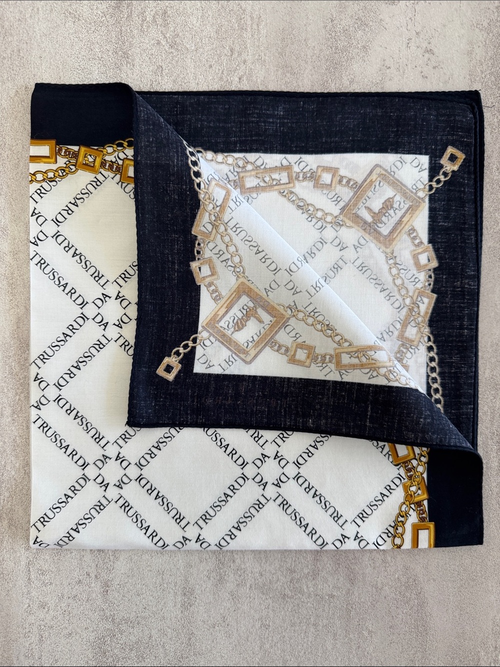 Trussardi Black, White & Gold Chain Frame Logo cotton Scarf - Picture 6 of 6